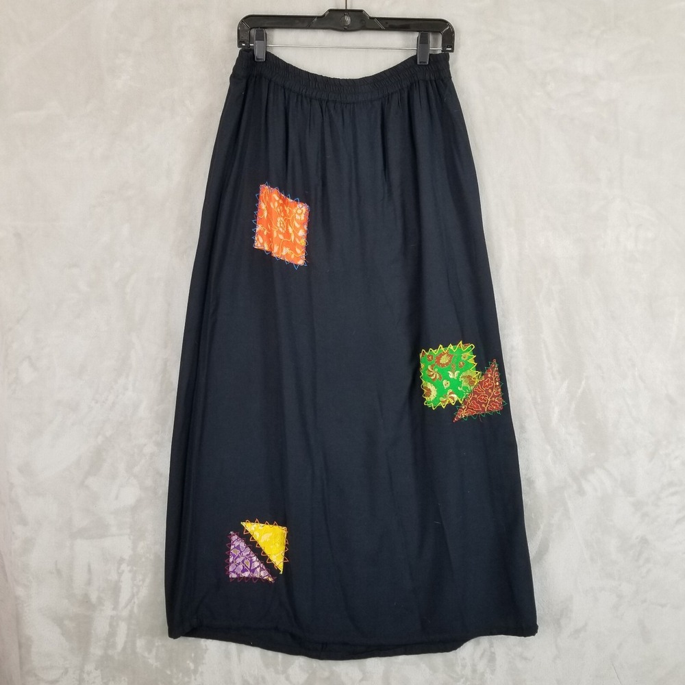 Vintage Sacred Threads Skirt Women S/M Black Maxi Patchwork Ruched‎ Side Hippie